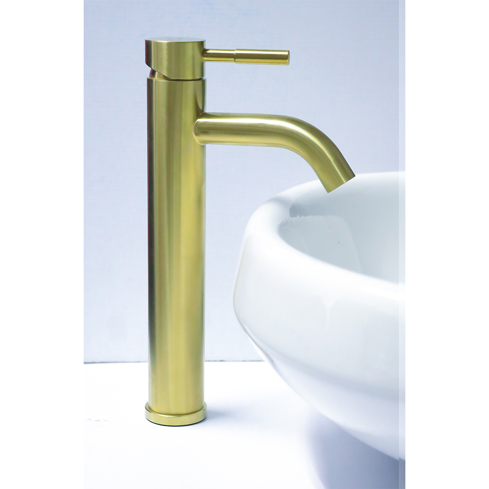 Long Neck Brushed Gold Pillar Basin Mixer